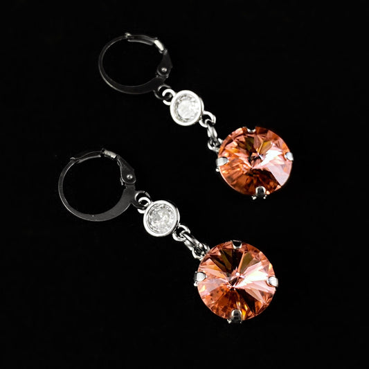 Round Swarovski Crystal Silver Drop Earrings, Coral Pink with Clear Accent - VBC