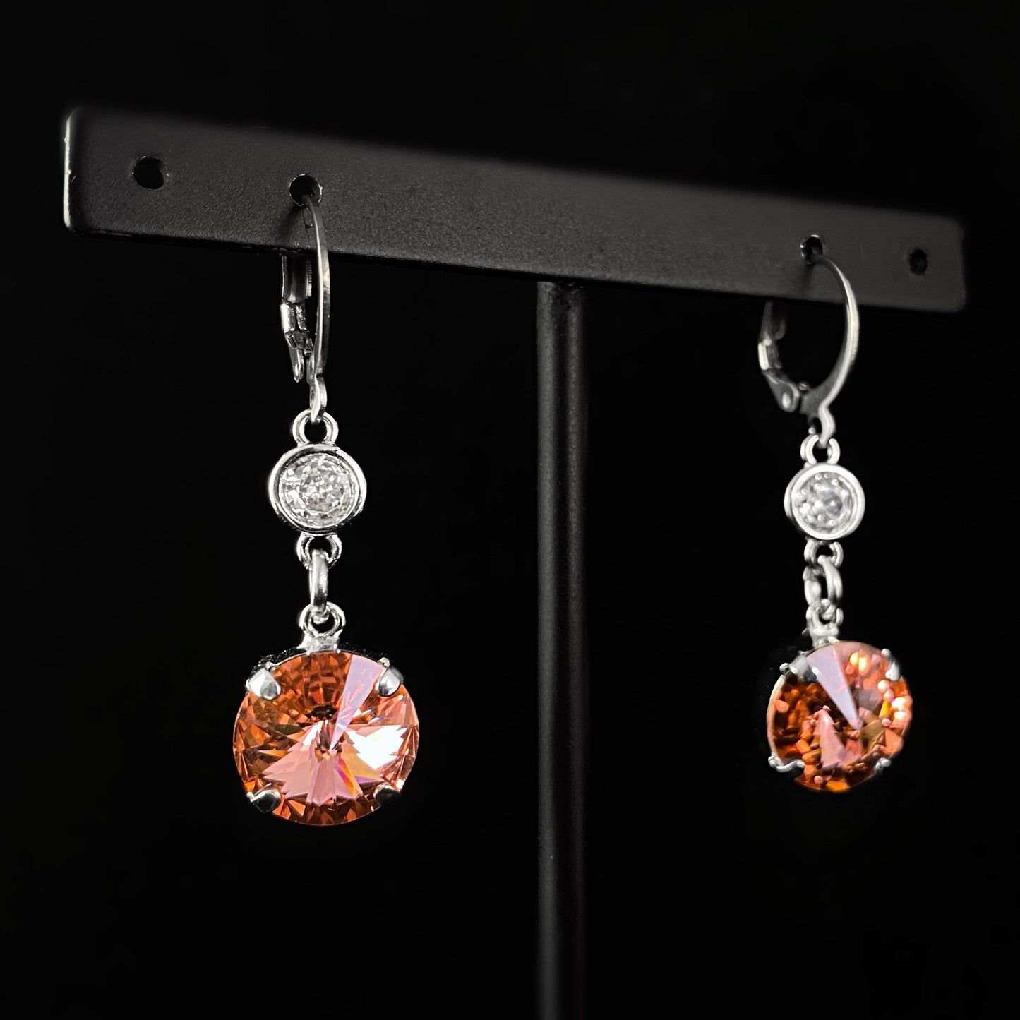 Round Swarovski Crystal Silver Drop Earrings, Coral Pink with Clear Accent - VBC