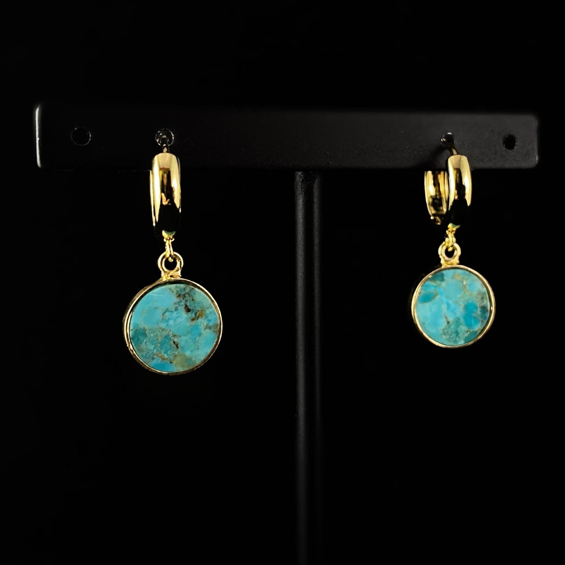 Round Turquoise Gold Drop Hoop Earrings - Athena