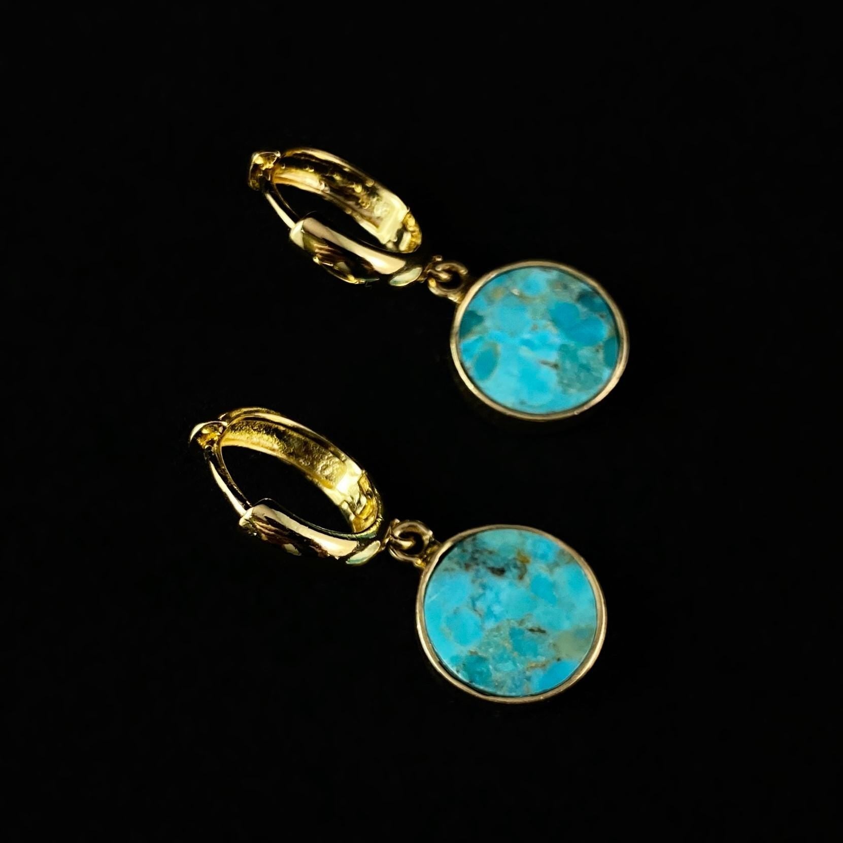 Round Turquoise Gold Drop Hoop Earrings - Athena