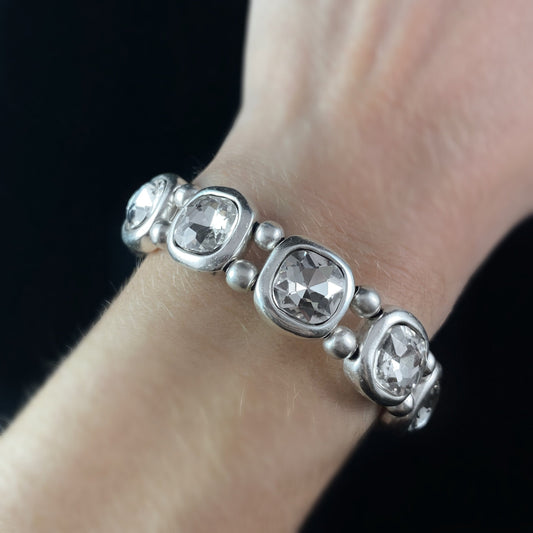 Rounded Square Crystal Bracelet with Small Silver Beads and Leather Closure, Handmade, Nickel Free