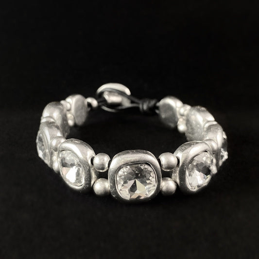 Rounded Square Crystal Bracelet with Small Silver Beads and Leather Closure, Handmade, Nickel Free
