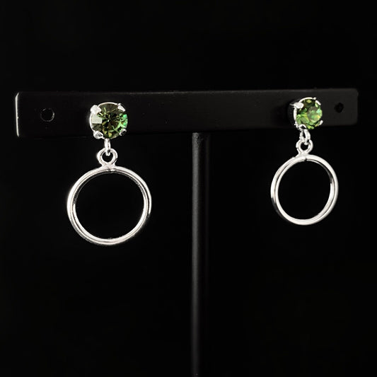 Sage Green Crystal Circle Accent Silver Minimalist Stud Earrings - Handmade, Nickel Free - Ulla