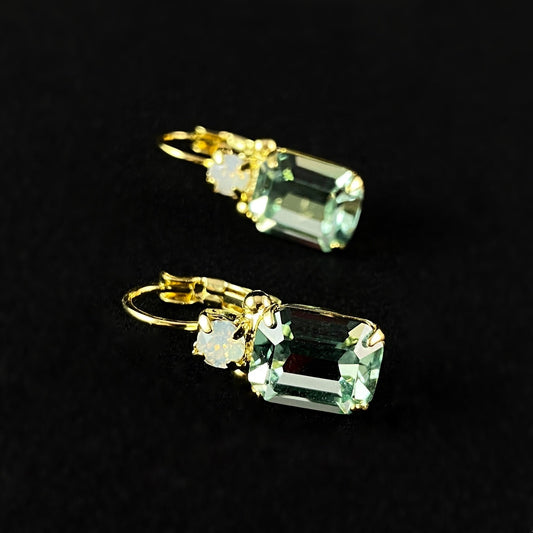Sage Green Crystal Emerald Cut Earrings with Gold Finish