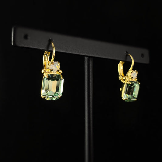 Sage Green Crystal Emerald Cut Earrings with Gold Finish