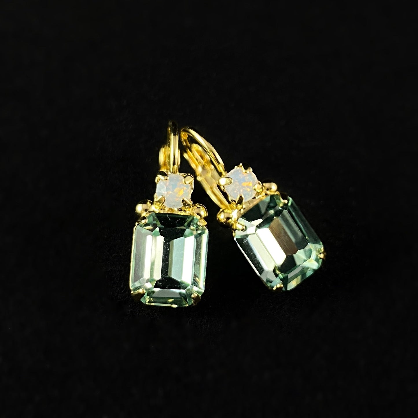 Sage Green Crystal Emerald Cut Earrings with Gold Finish