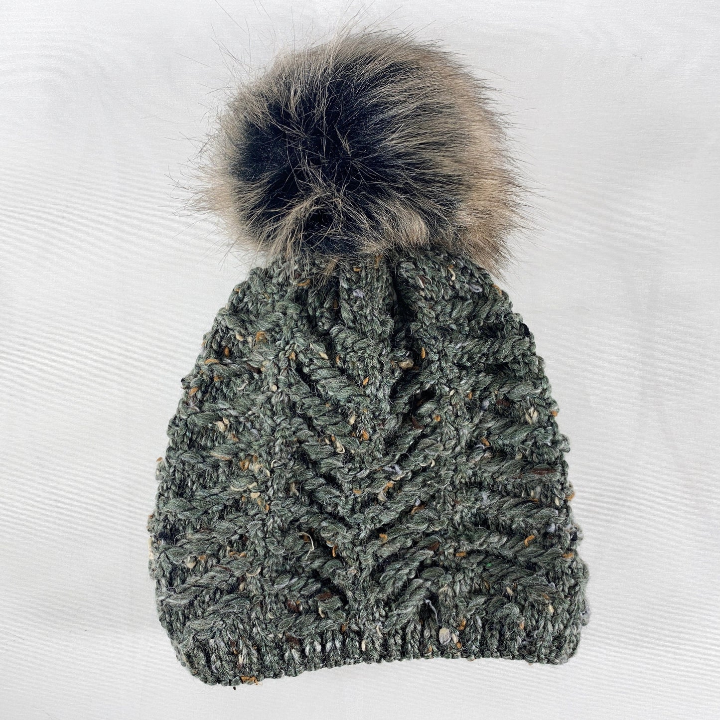 Sage Green Winter Beanie With Pompom - Made From Italian Wool, Acrylic Yarn, and Faux Fur