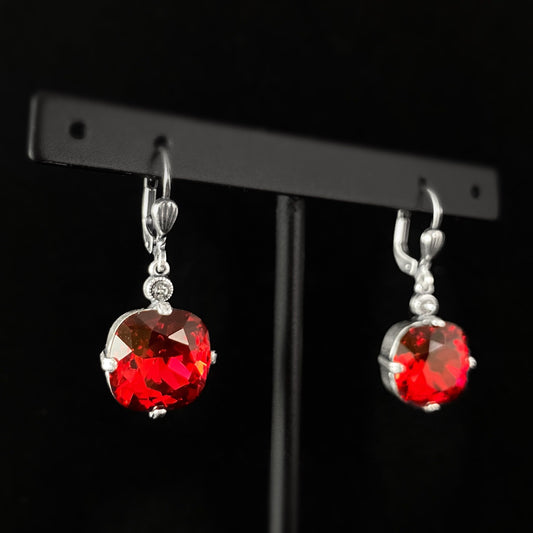 Scarlet Red Cushion Cut Swarovski Crystal Drop Earrings - La Vie Parisienne by Catherine Popesco