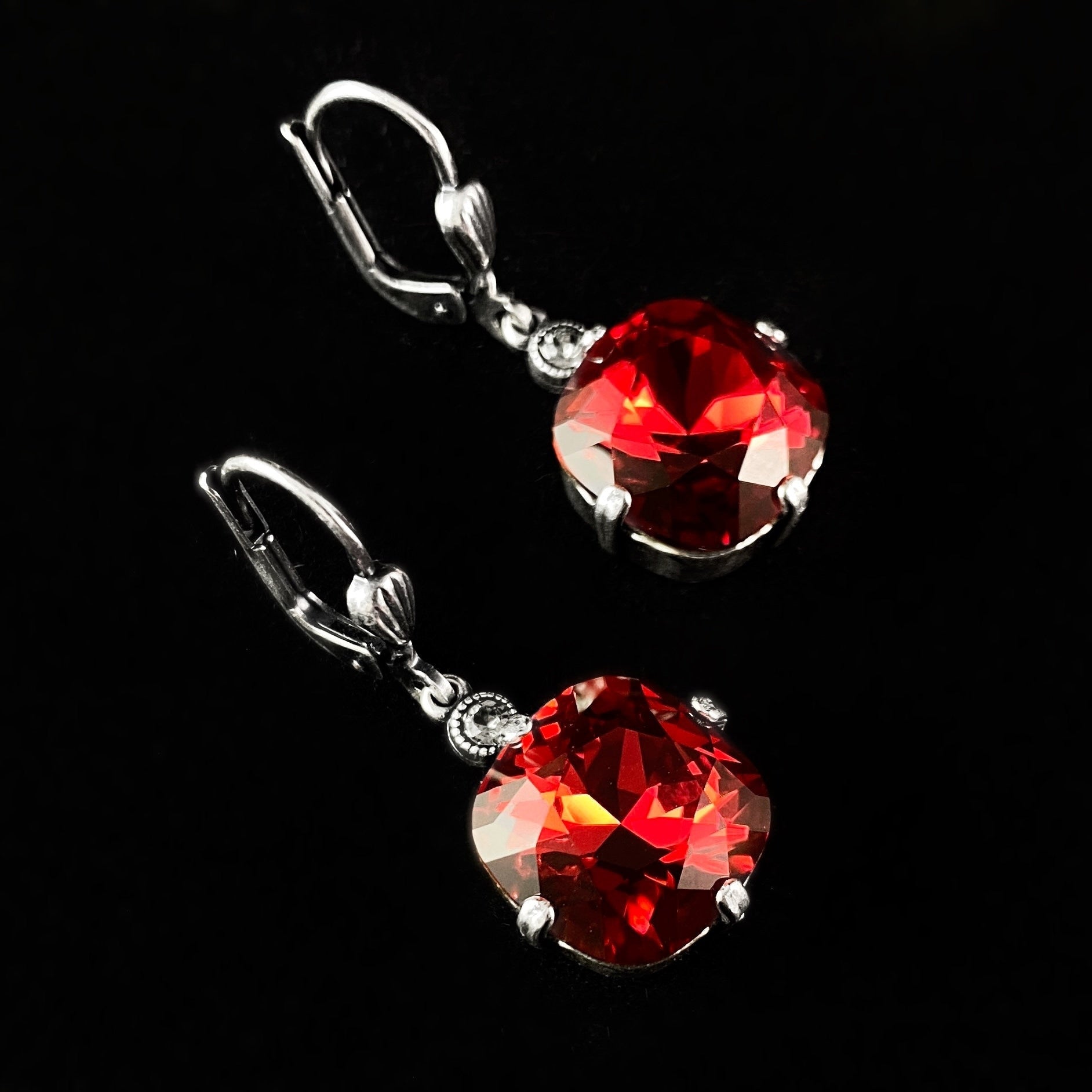 Scarlet Red Cushion Cut Swarovski Crystal Drop Earrings - La Vie Parisienne by Catherine Popesco