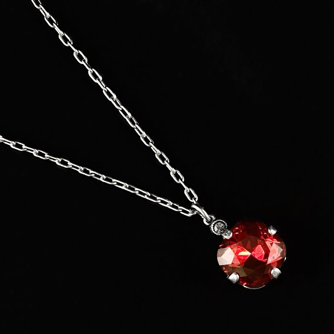 Scarlet Red Cushion Cut Swarovski Crystal Pendant Necklace - La Vie Parisienne by Catherine Popesco