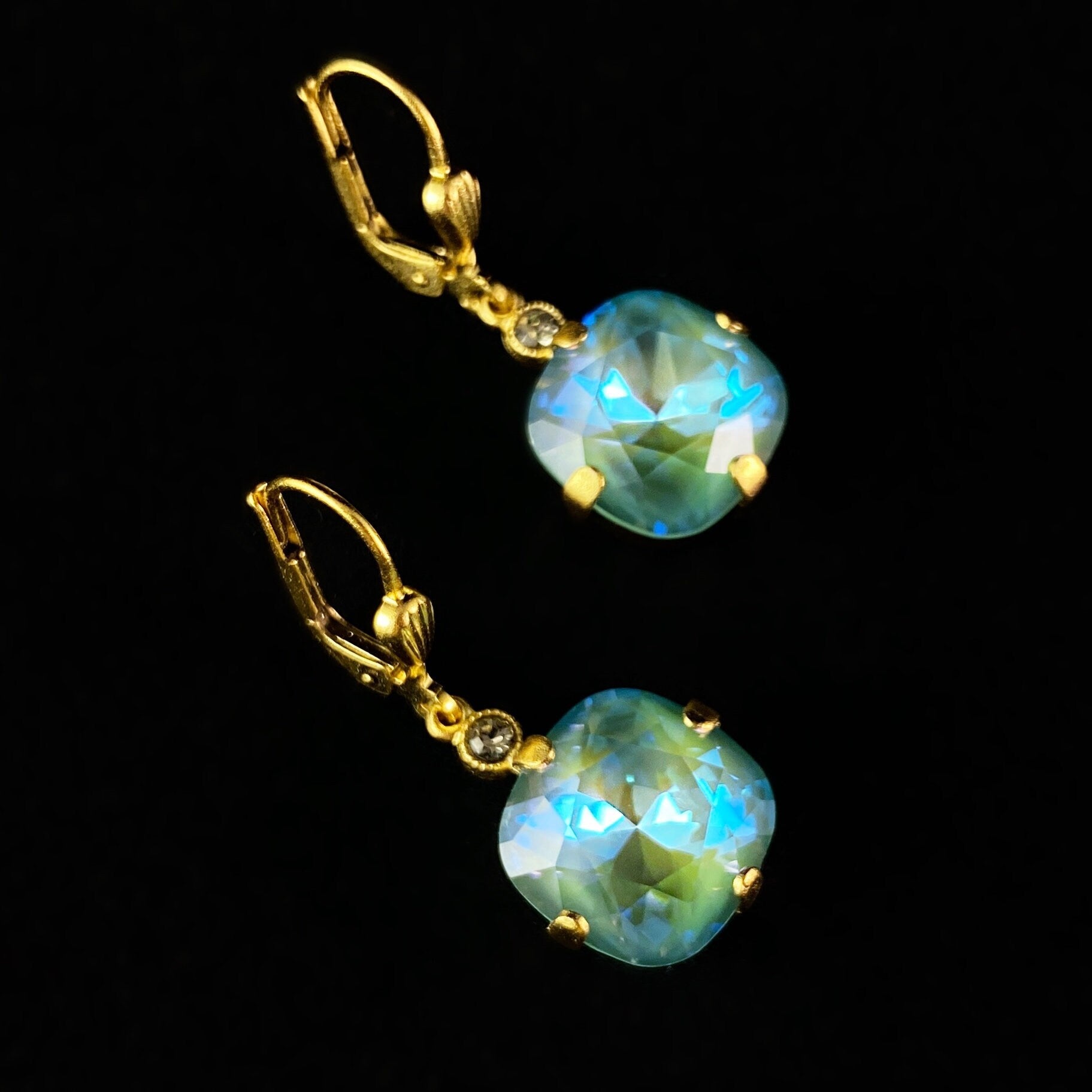 Seafoam Cushion Cut Swarovski Crystal Drop Earrings - La Vie Parisienne by Catherine Popesco