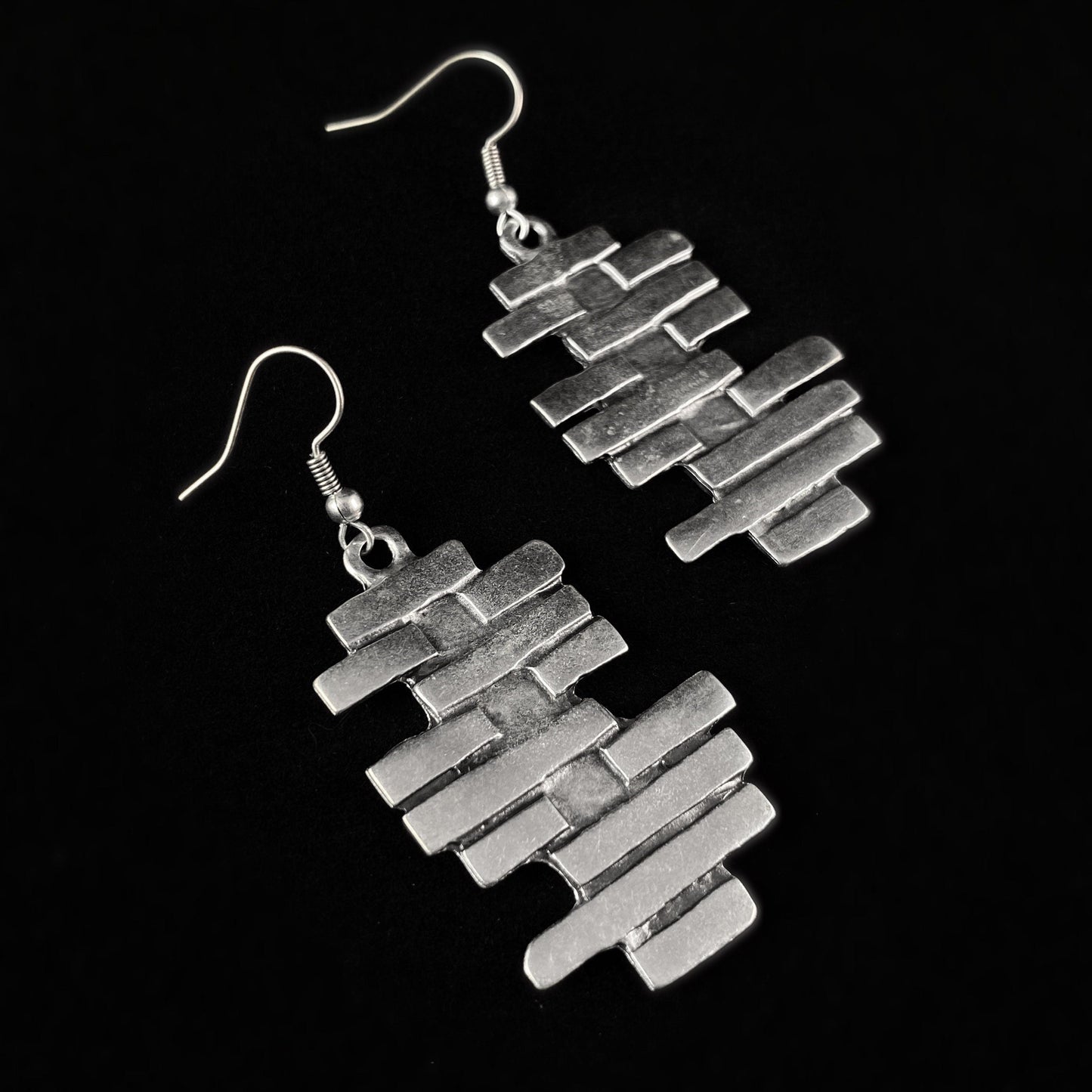 Silver Abstract Brick Drop Earrings, Handmade, Nickel Free - Elegant Minimalist Jewelry for Women