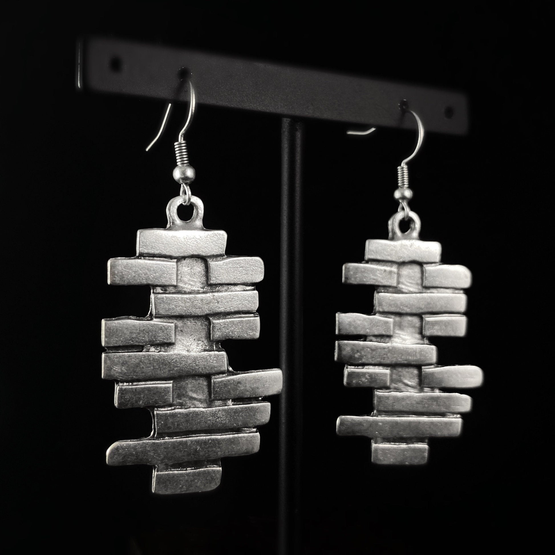 Silver Abstract Brick Drop Earrings, Handmade, Nickel Free - Elegant Minimalist Jewelry for Women