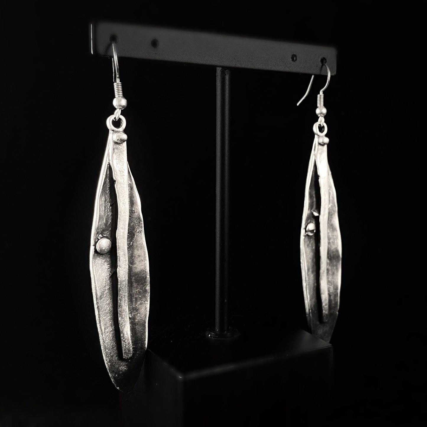 Silver Abstract Feather/Leaf Drop Earrings, Handmade, Nickel Free - Elegant Minimalist Jewelry for Women