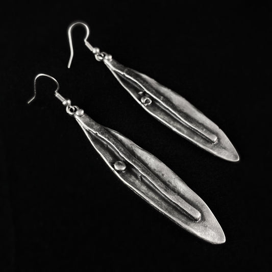 Silver Abstract Feather/Leaf Drop Earrings, Handmade, Nickel Free - Elegant Minimalist Jewelry for Women