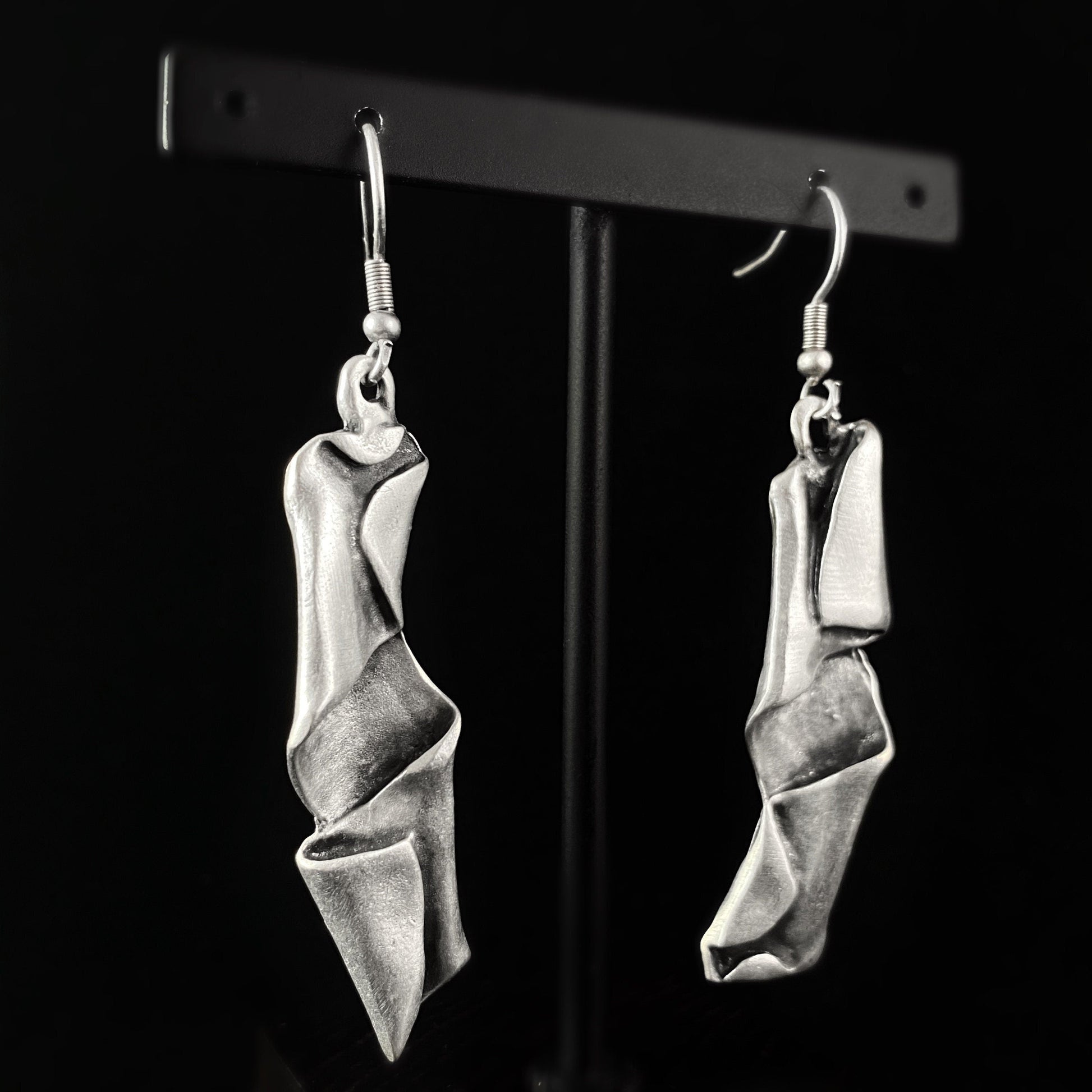 Silver Abstract Folded Drop Earrings, Handmade, Nickel Free - Elegant Minimalist Jewelry for Women