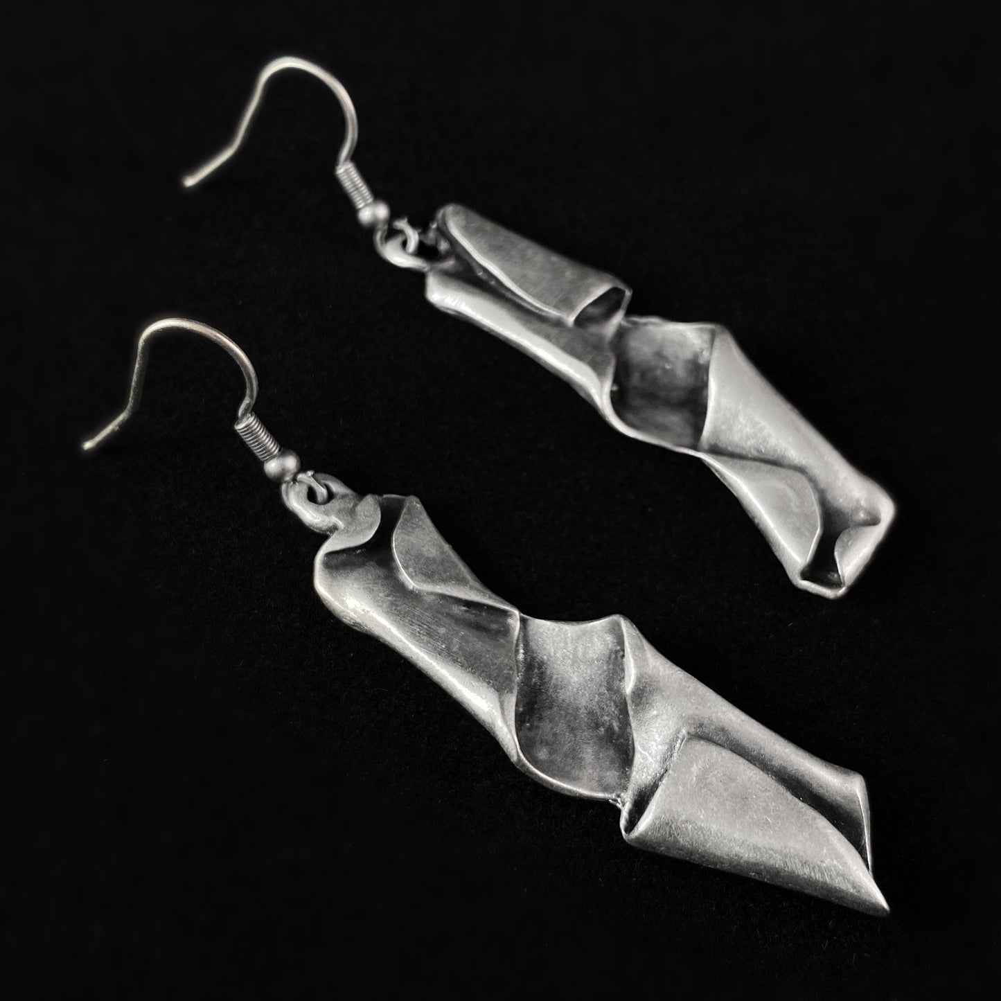 Silver Abstract Folded Drop Earrings, Handmade, Nickel Free - Elegant Minimalist Jewelry for Women