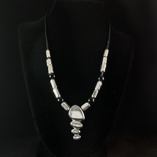 Silver and Black Beaded, Leather Cord Necklace - Handmade in Spain