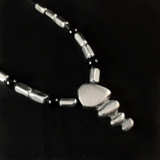 Silver and Black Beaded, Leather Cord Necklace - Handmade in Spain