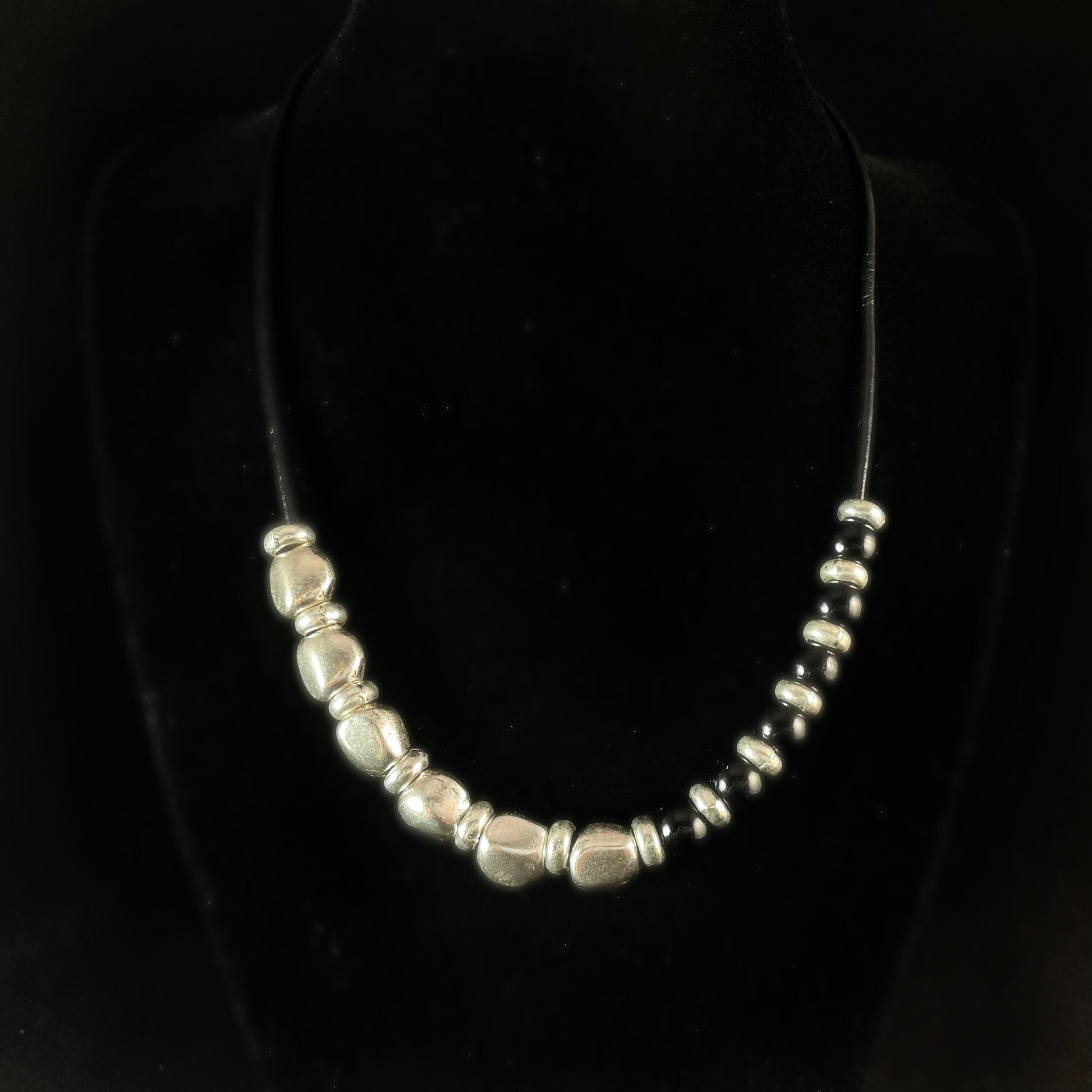 Silver and Black Beaded, Leather Cord Necklace - Handmade in Spain