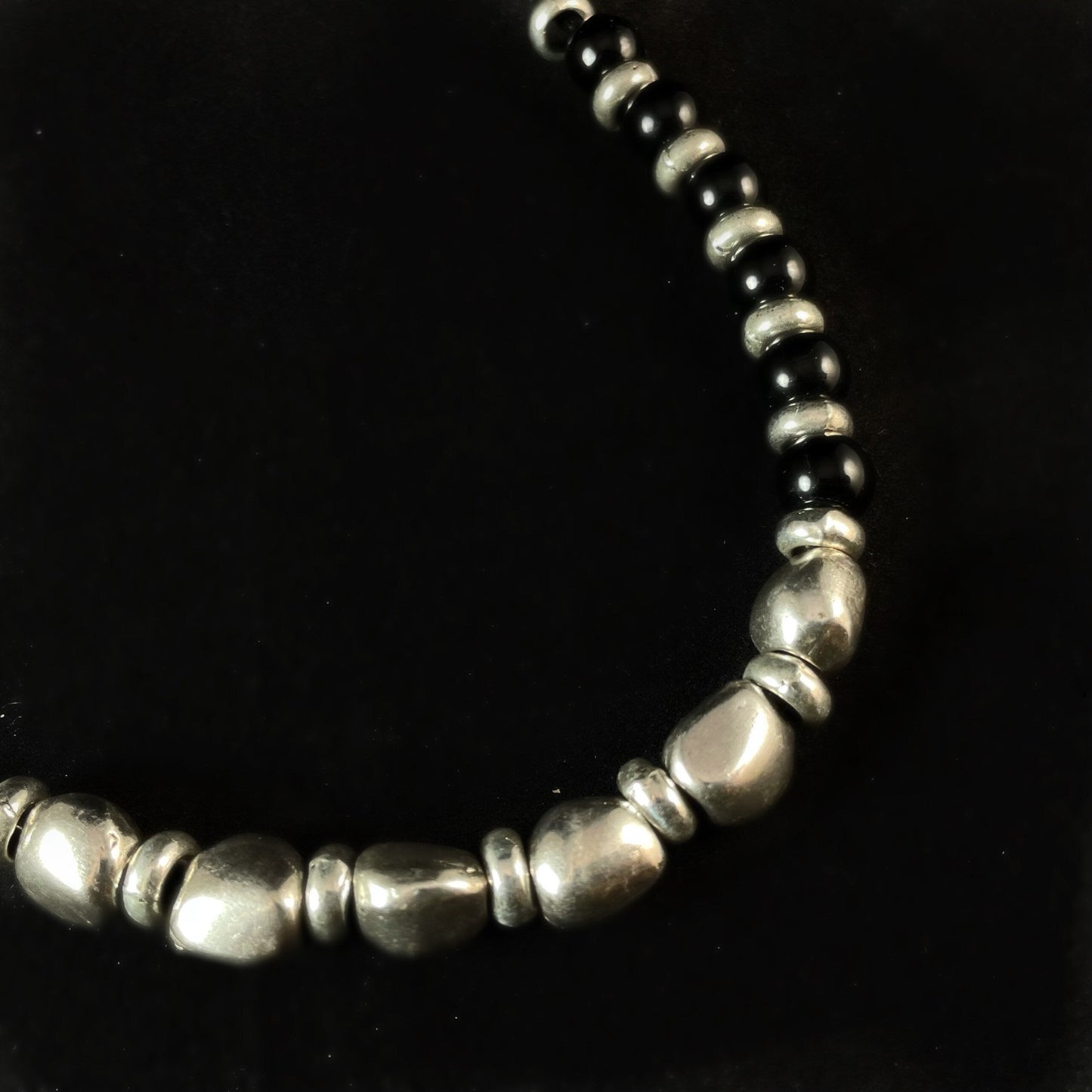 Silver and Black Beaded, Leather Cord Necklace - Handmade in Spain