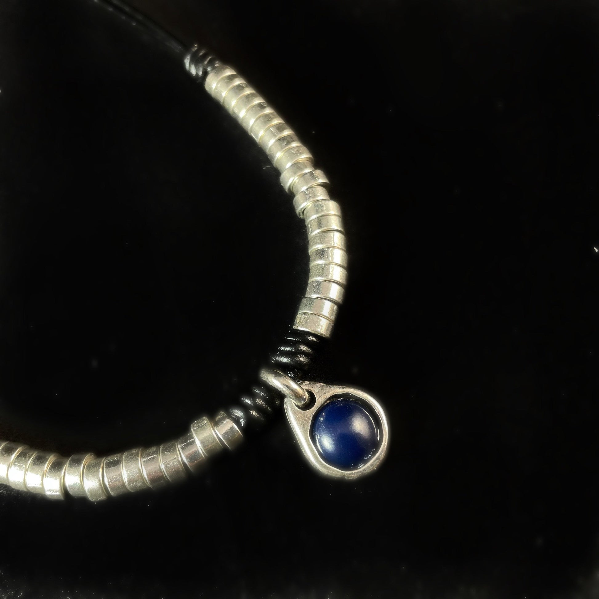 Silver and Blue Beaded, Leather Cord Necklace - Handmade in Spain