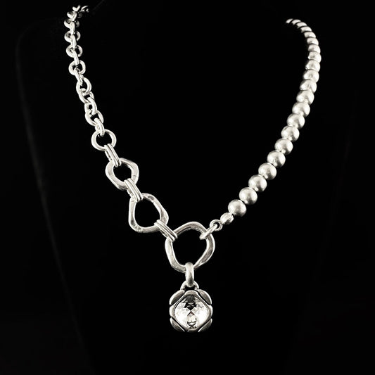 Silver Beaded and Chunky Chain Link Necklace with Clear Crystal Pendant, Handmade, Nickel Free - Noir