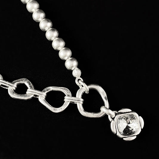 Silver Beaded and Chunky Chain Link Necklace with Clear Crystal Pendant, Handmade, Nickel Free - Noir