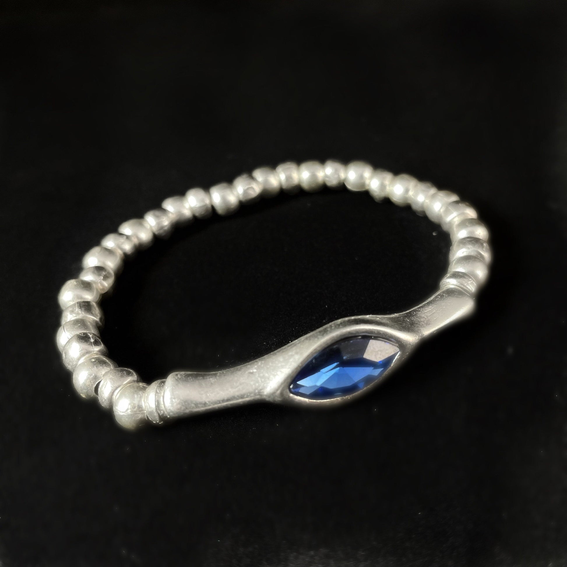 Silver Beaded Bracelet with Blue Crystal, Handmade, Nickel Free