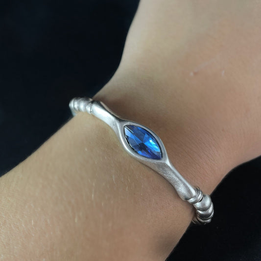 Silver Beaded Bracelet with Blue Crystal, Handmade, Nickel Free