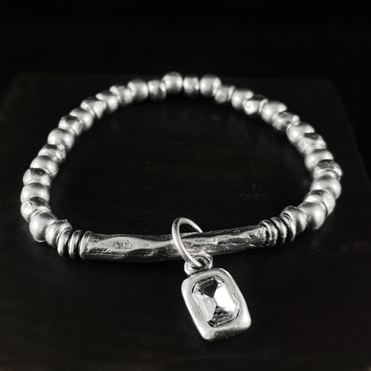 Silver Beaded Bracelet with Clear Crystal Charm, Handmade, Nickel Free