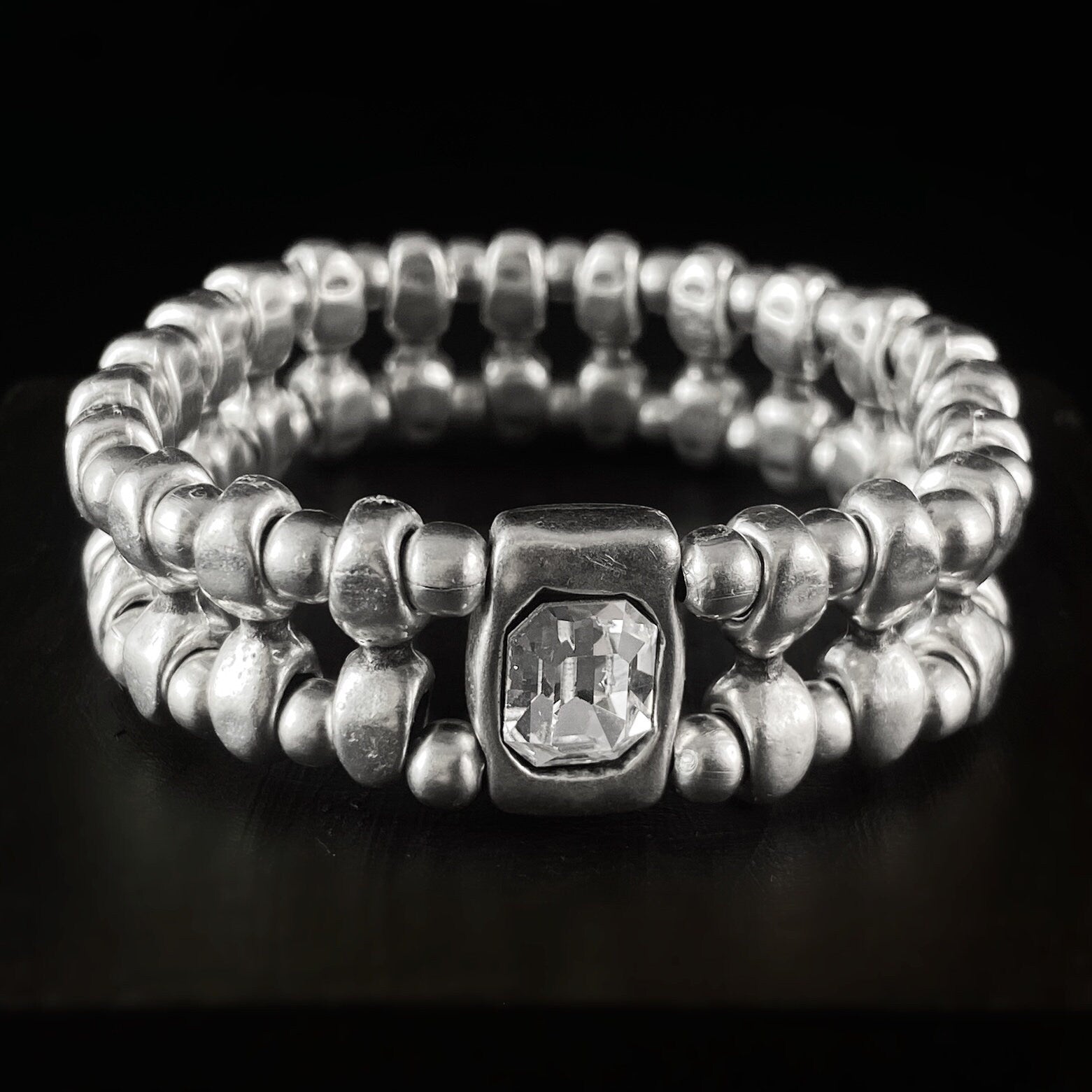 Silver Beaded Bracelet with Clear Crystal, Handmade, Nickel Free - Noir
