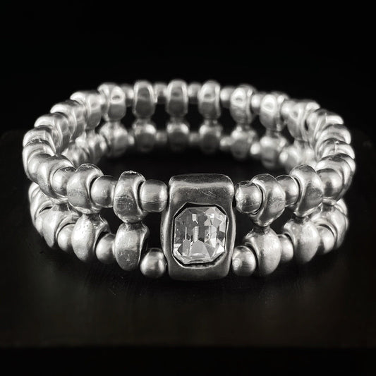 Silver Beaded Bracelet with Clear Crystal, Handmade, Nickel Free - Noir