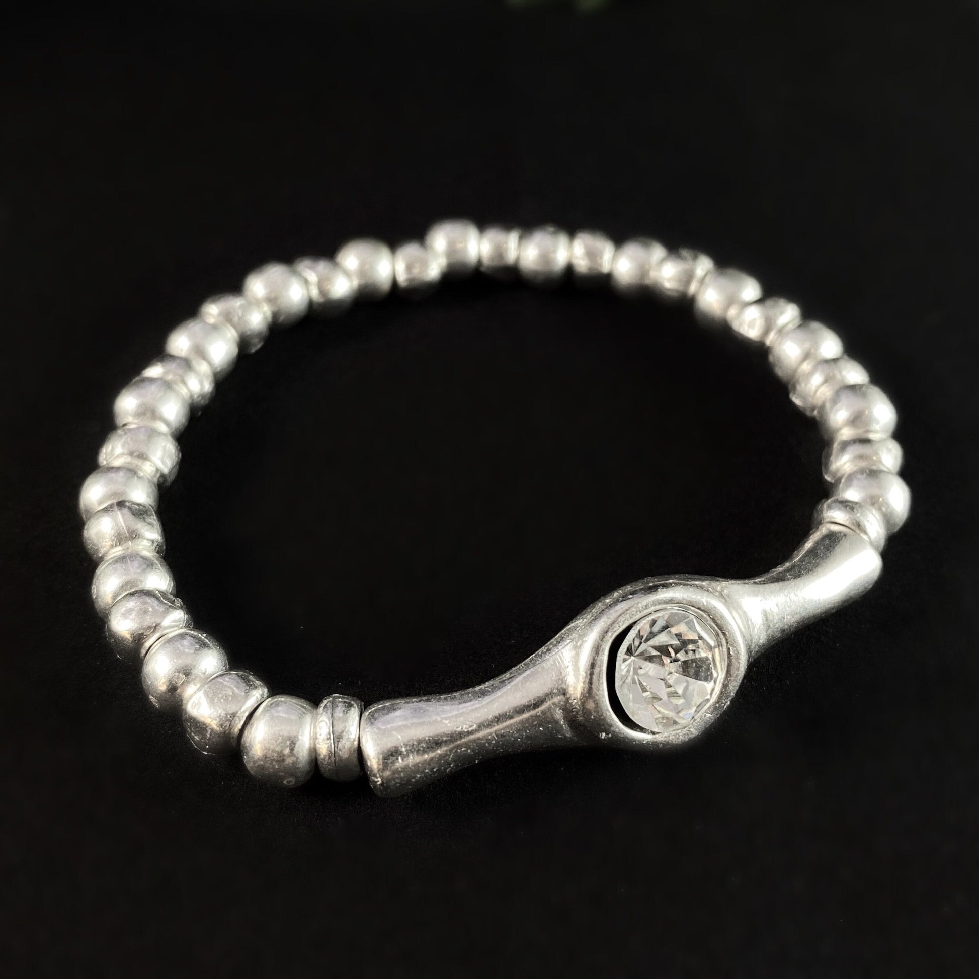 Silver Beaded Bracelet with Clear Crystal, Handmade, Nickel Free