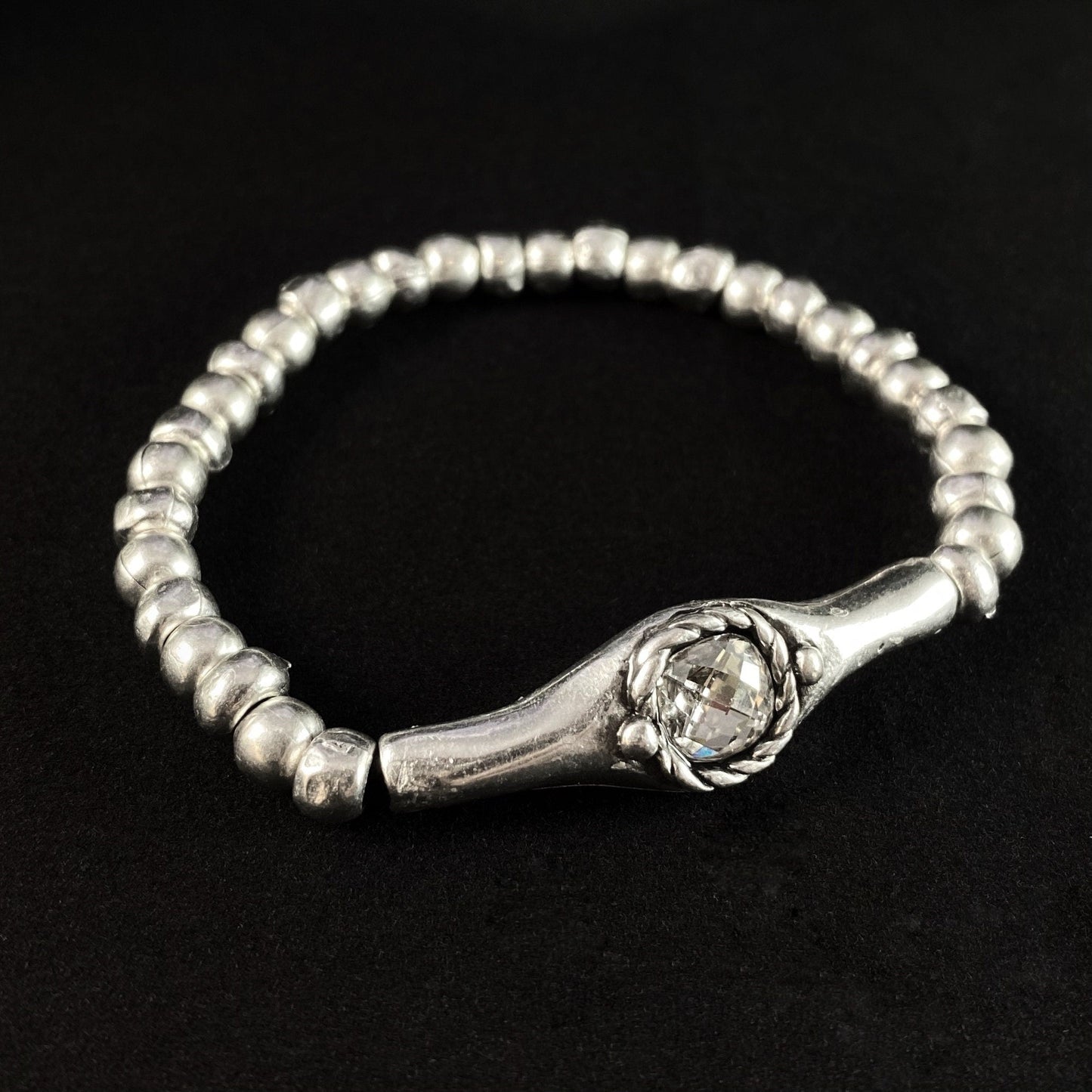 Silver Beaded Bracelet with Clear Crystal, Handmade, Nickel Free