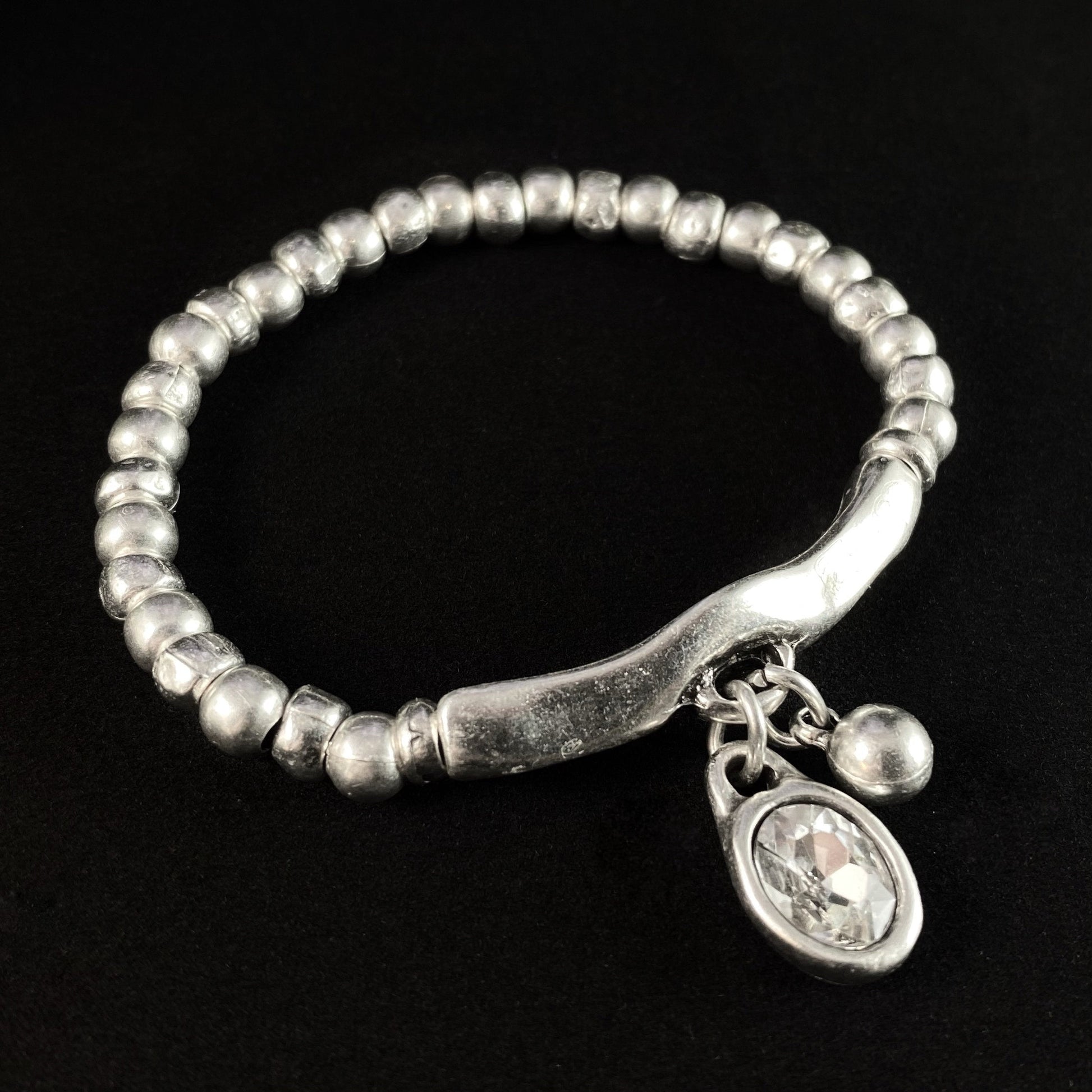 Silver Beaded Bracelet with Clear Crystal, Handmade, Nickel Free
