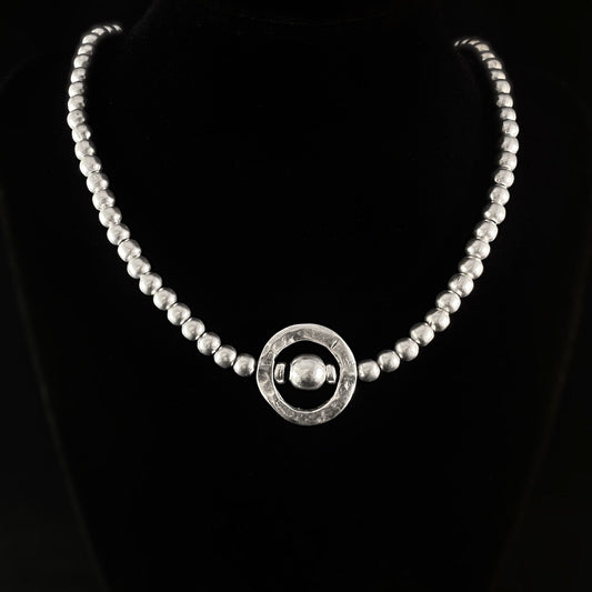 Silver Beaded Necklace with Circle Pendant, Handmade, Nickel Free