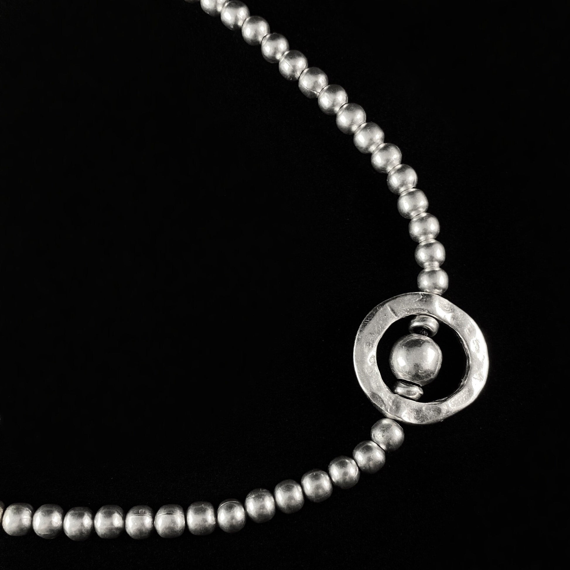 Silver Beaded Necklace with Circle Pendant, Handmade, Nickel Free