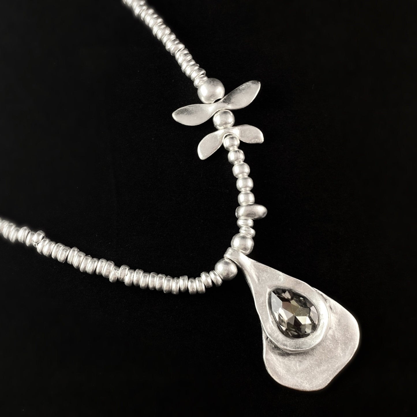 Silver Beaded Necklace with Dragonfly Accent and Clear Crystal Pendant, Handmade, Nickel Free - Noir