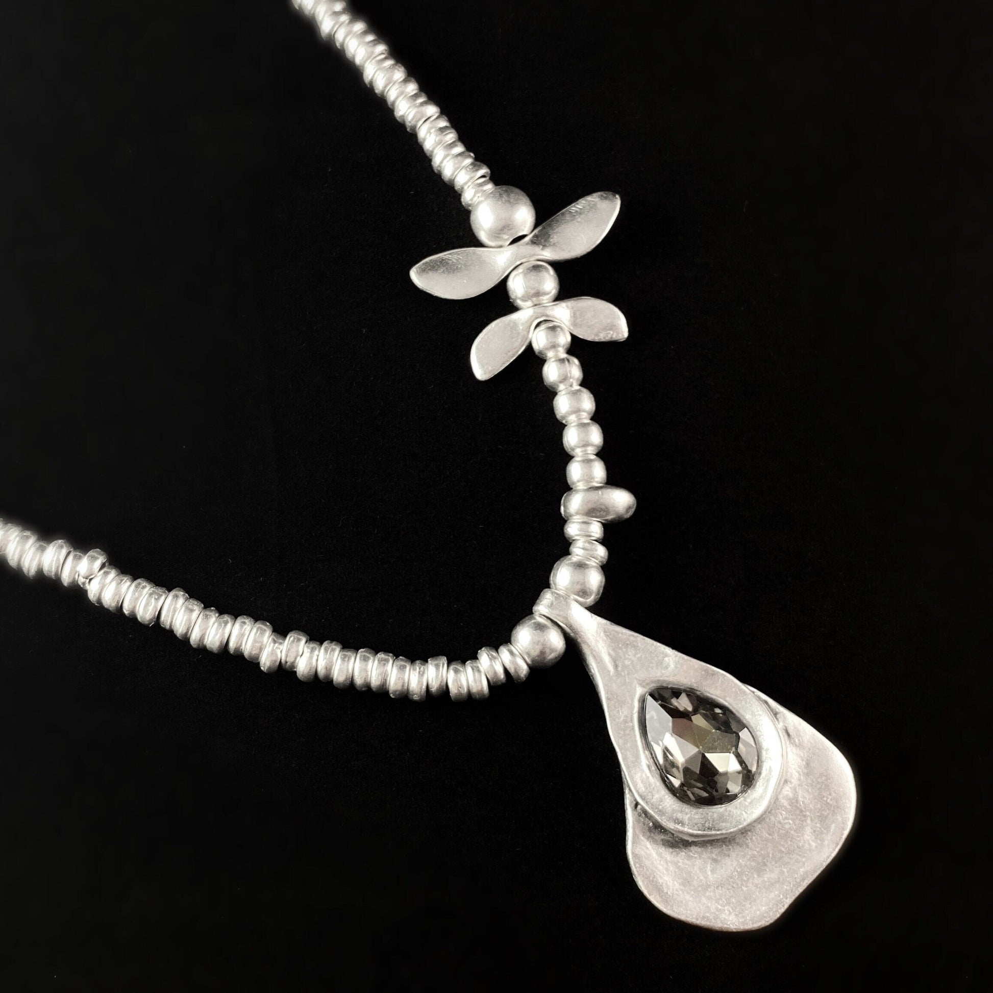 Silver Beaded Necklace with Dragonfly Accent and Clear Crystal Pendant, Handmade, Nickel Free - Noir
