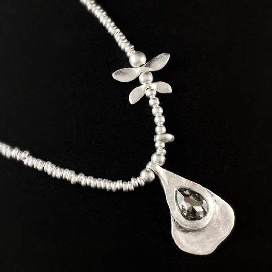 Silver Beaded Necklace with Dragonfly Accent and Clear Crystal Pendant, Handmade, Nickel Free - Noir