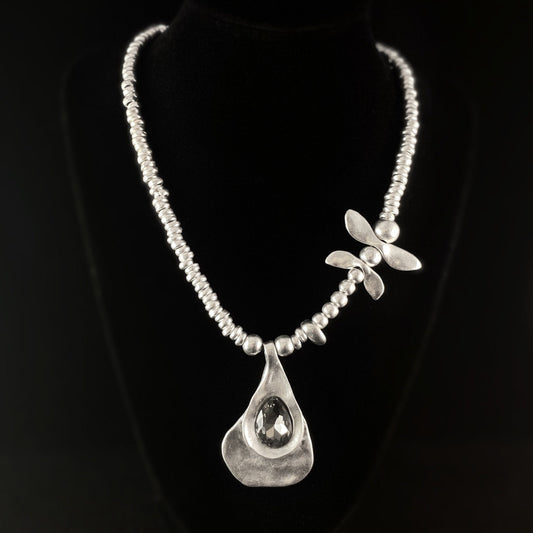 Silver Beaded Necklace with Dragonfly Accent and Clear Crystal Pendant, Handmade, Nickel Free - Noir