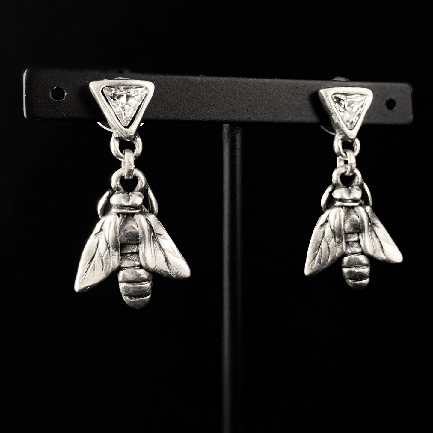 Silver Bee Earrings with Clear Crystals, Handmade, Nickel Free - Noir