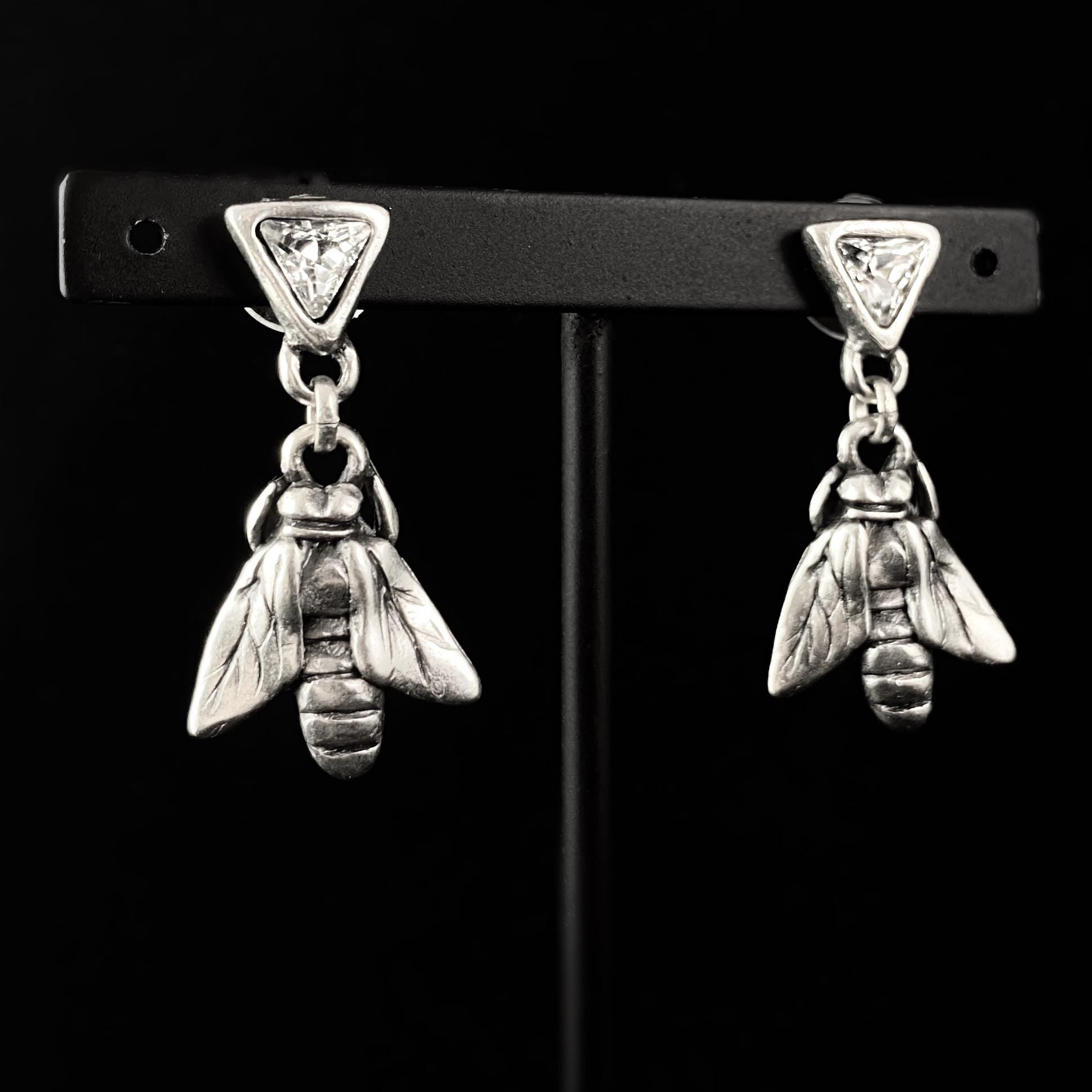 Silver Bee Earrings with Clear Crystals, Handmade, Nickel Free - Noir