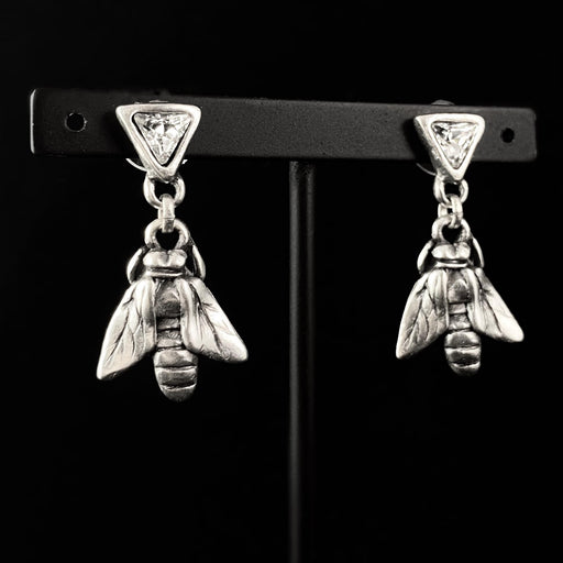 Silver Bee Earrings with Clear Crystals, Handmade, Nickel Free - Noir