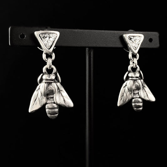 Silver Bee Earrings with Clear Crystals, Handmade, Nickel Free - Noir