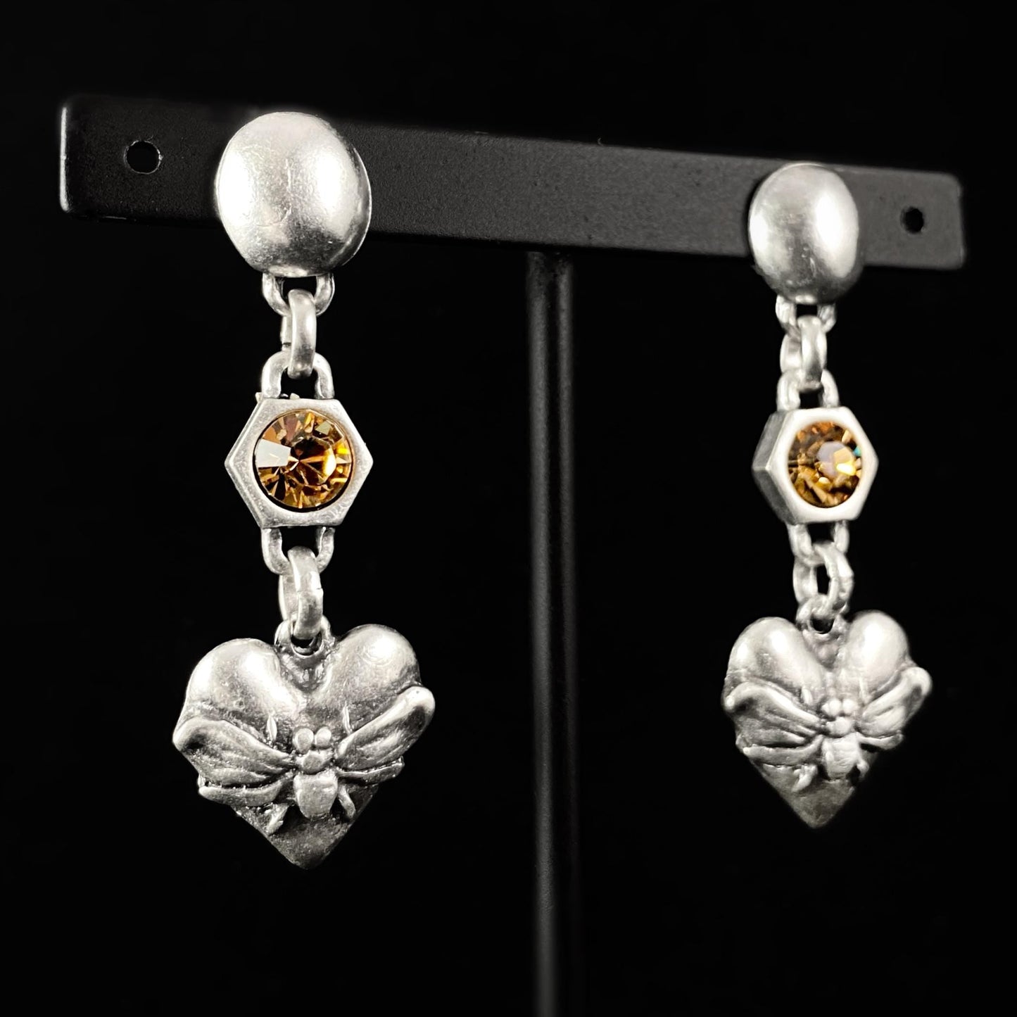 Silver Bee Heart Drop Earrings with Orange Crystal, Handmade, Nickel Free - Noir