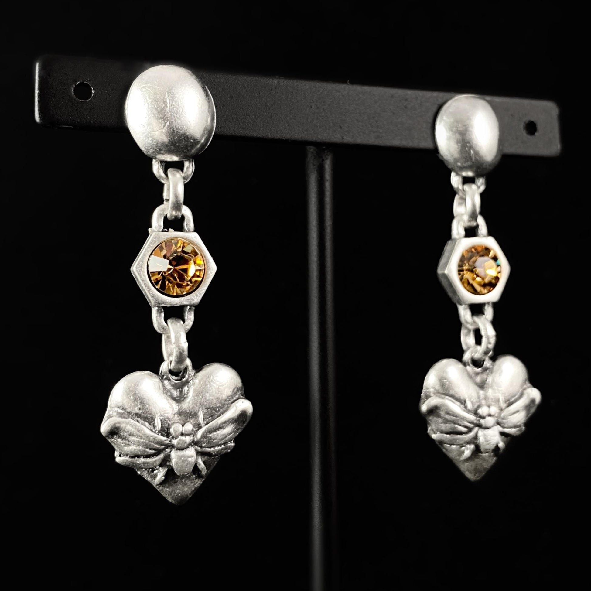 Silver Bee Heart Drop Earrings with Orange Crystal, Handmade, Nickel Free - Noir