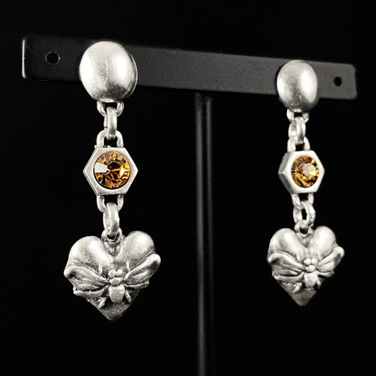 Silver Bee Heart Drop Earrings with Orange Crystal, Handmade, Nickel Free - Noir