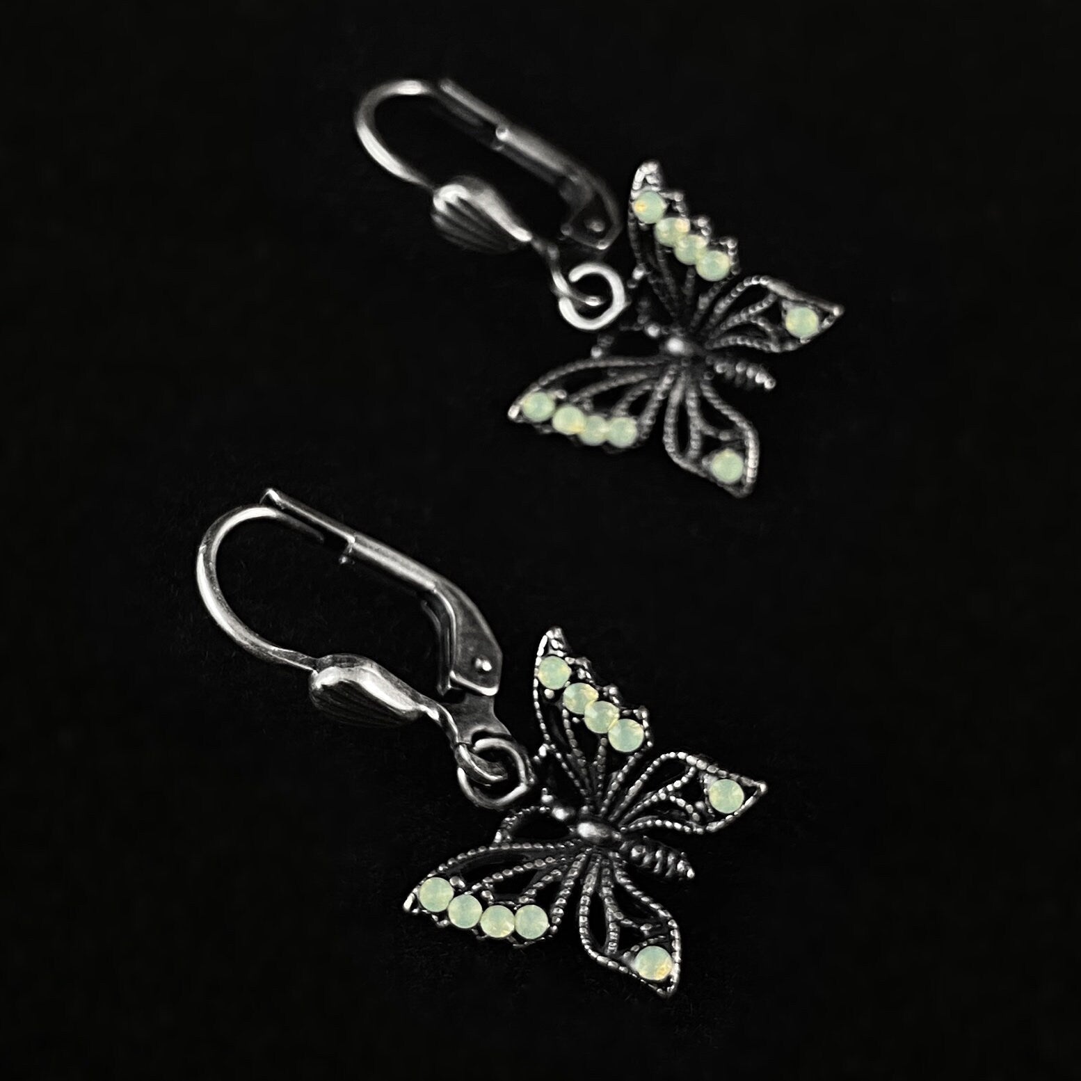 Silver Butterfly Drop Earrings with Pale Green Swarovski Crystals - La Vie Parisienne by Catherine Popesco